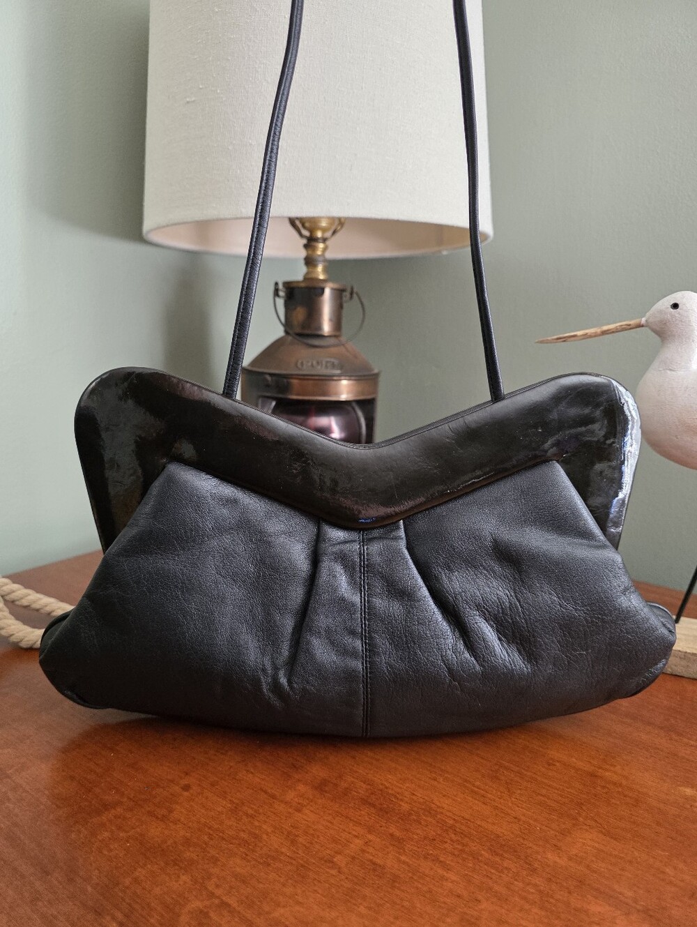 Brio Atomic Mod Black Leather Patent Convertible Clutch Crossbody Bag